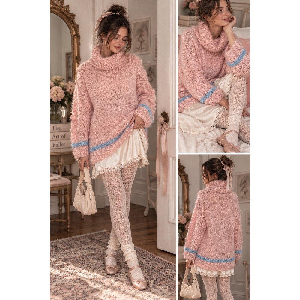 Vintage 80s Pink Mohair Wool Oversized Cowl Neck Tunic Sweater Balletcore Medium